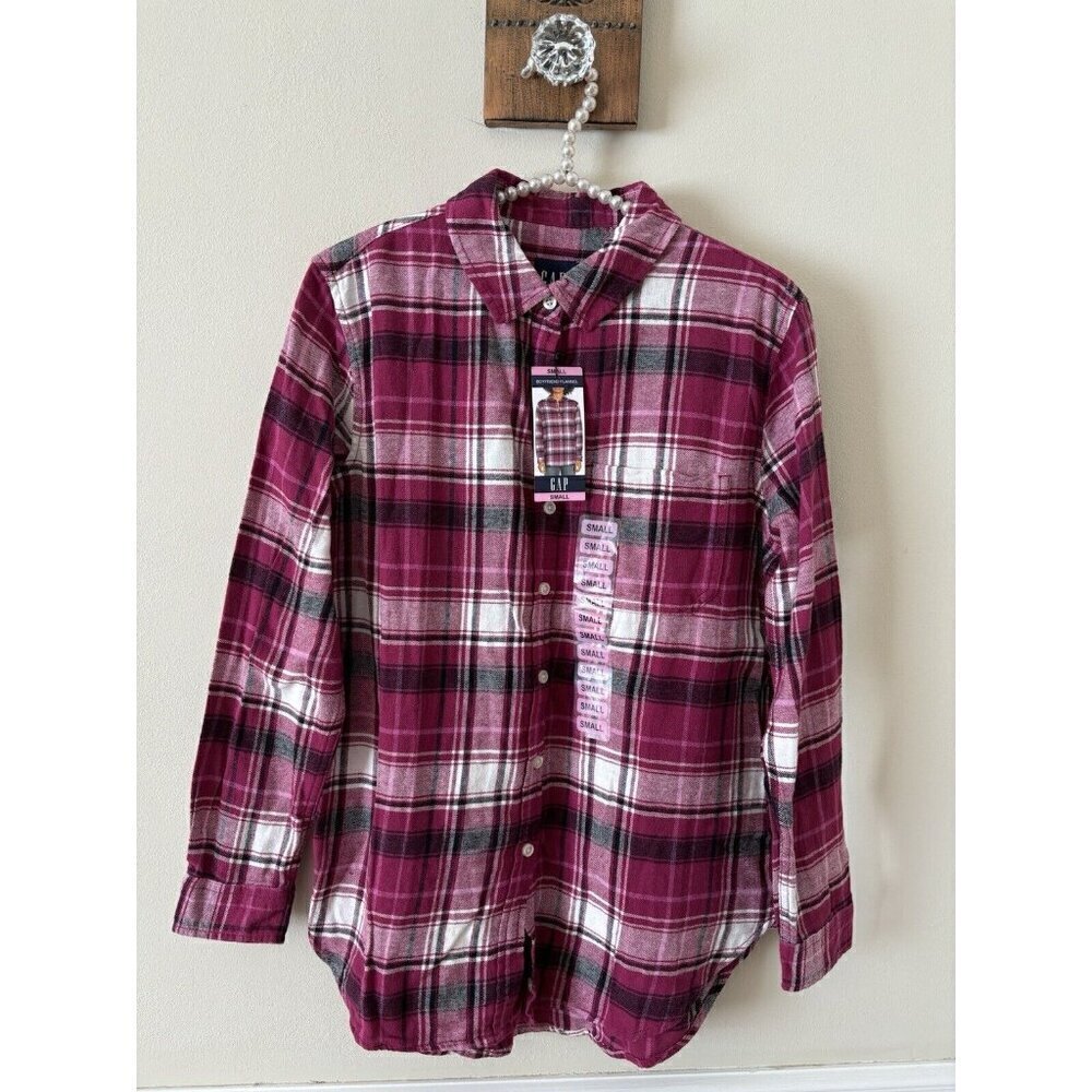 NWT Gap Womens Size S Pink Plaid Boyfriend Flannel Shirt Long Sleeve